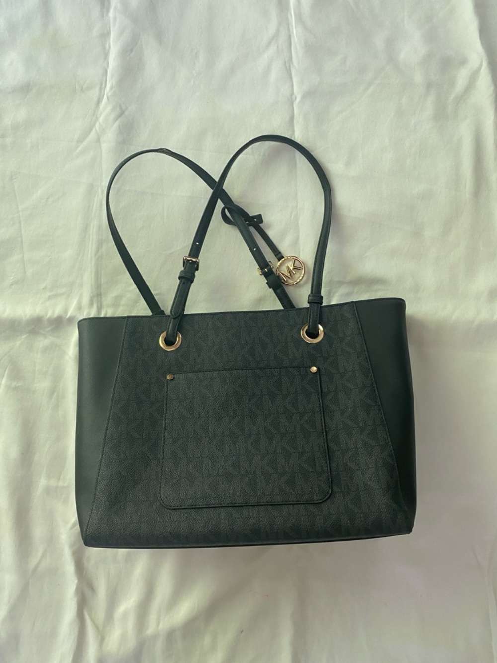 Michael Kors Black Monogram Tote with Gold MK Charm